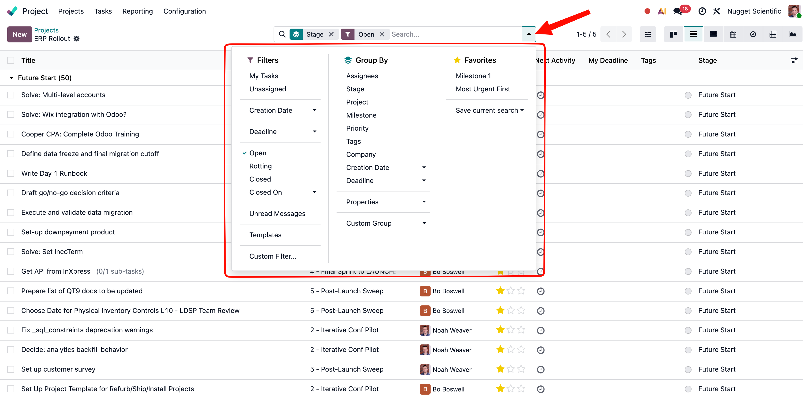 Search bar with Filters, Group By, and Favorites panels open