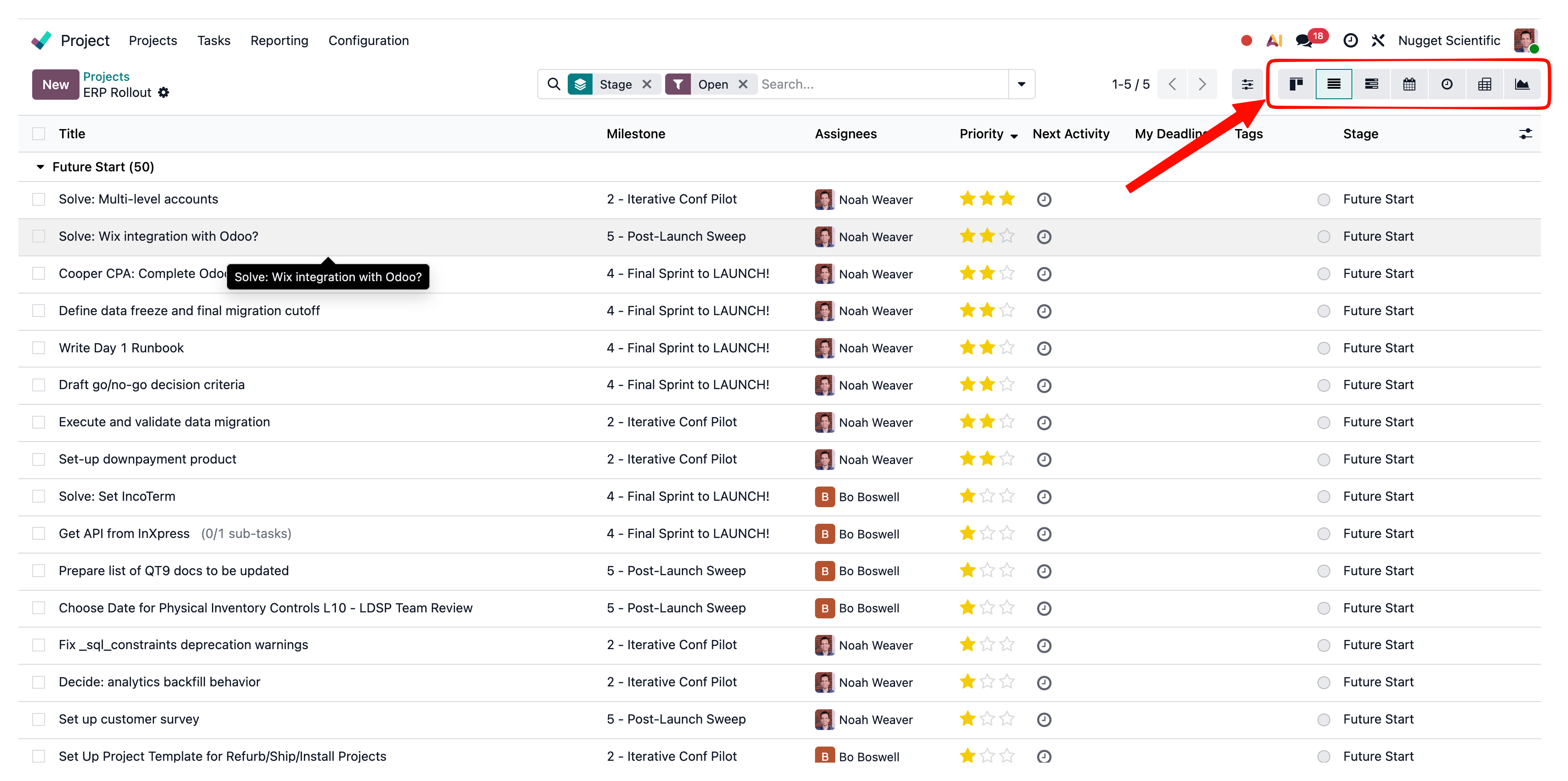 Top-right view switcher on a table, with all view icons visible