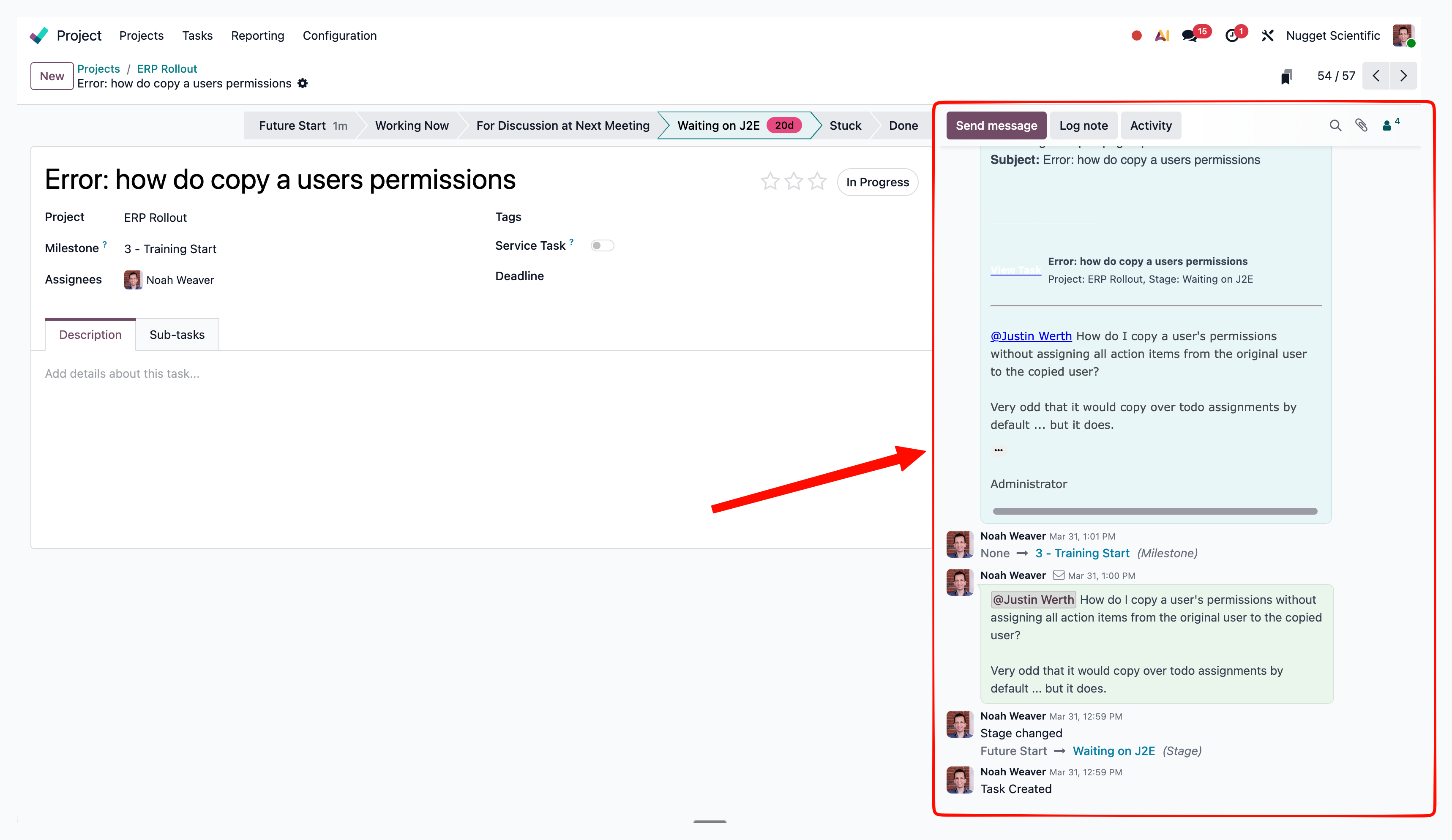 Chatter panel on a record with log notes, messages, activities, and stage-change history