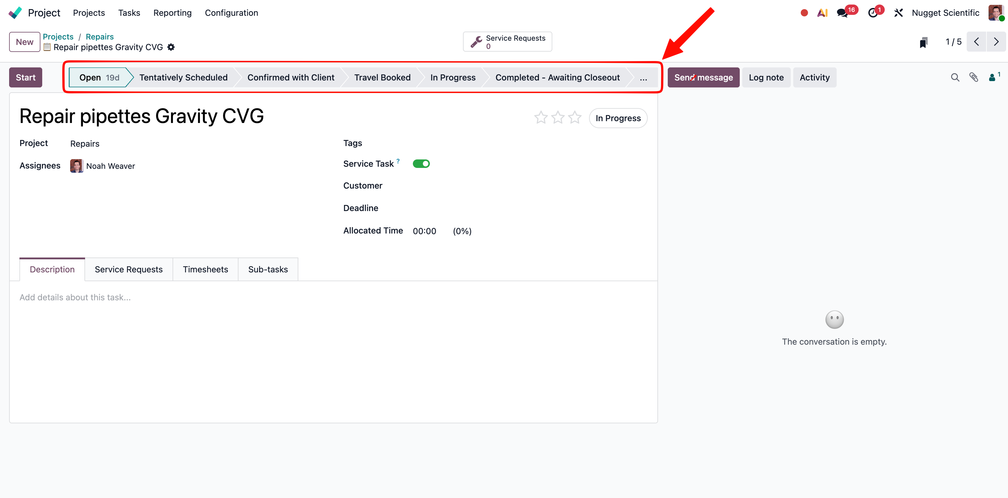 Status bar at the top of a record view