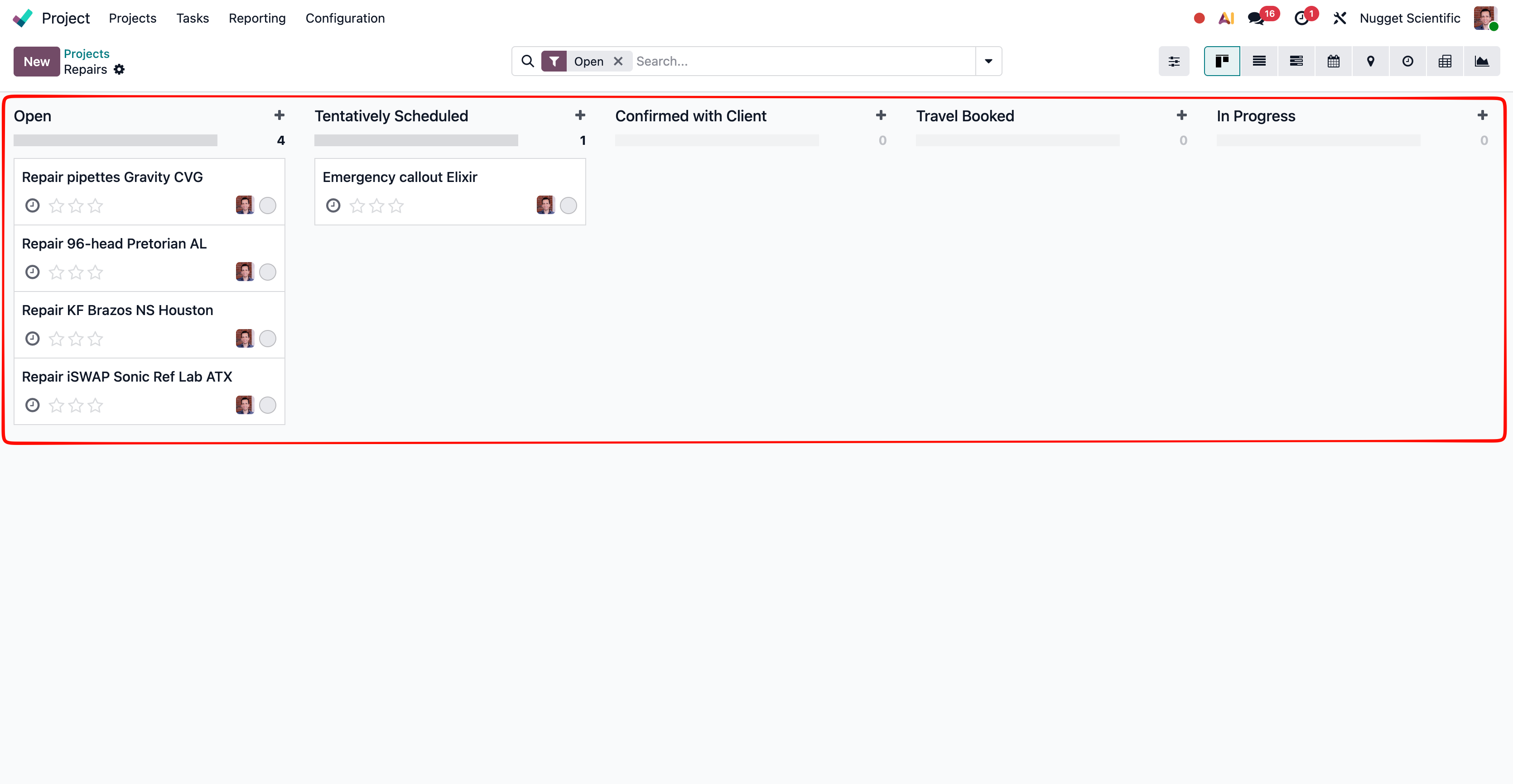 Kanban view of the same records, with status columns