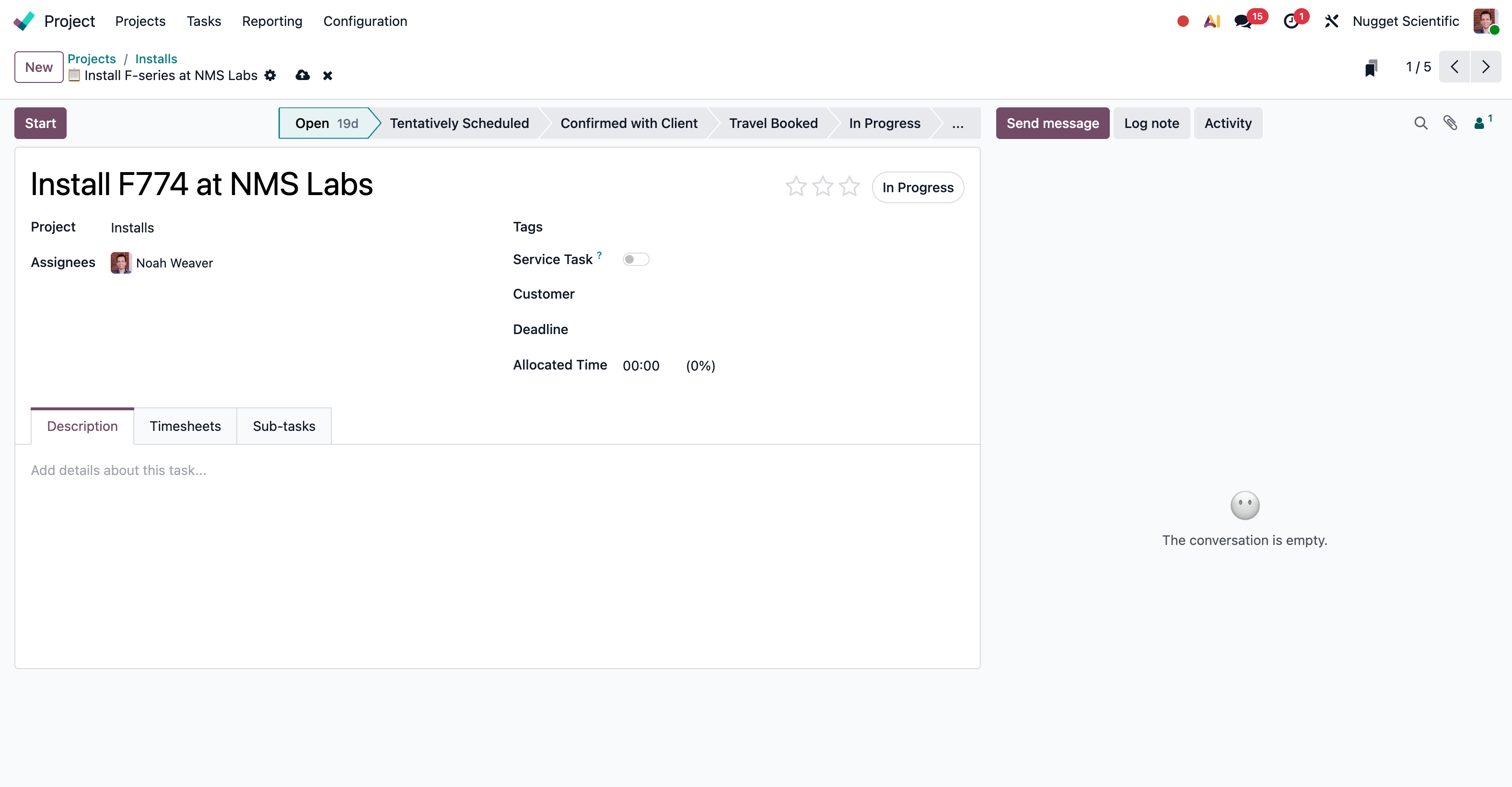A full record view showing the status bar, header fields, notebook tabs, chatter, and smart buttons